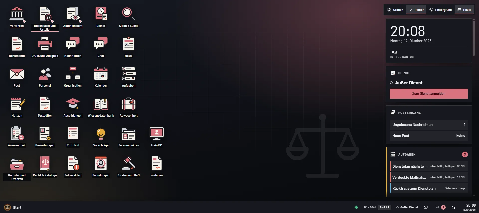 Justice workspace with fictional demo data