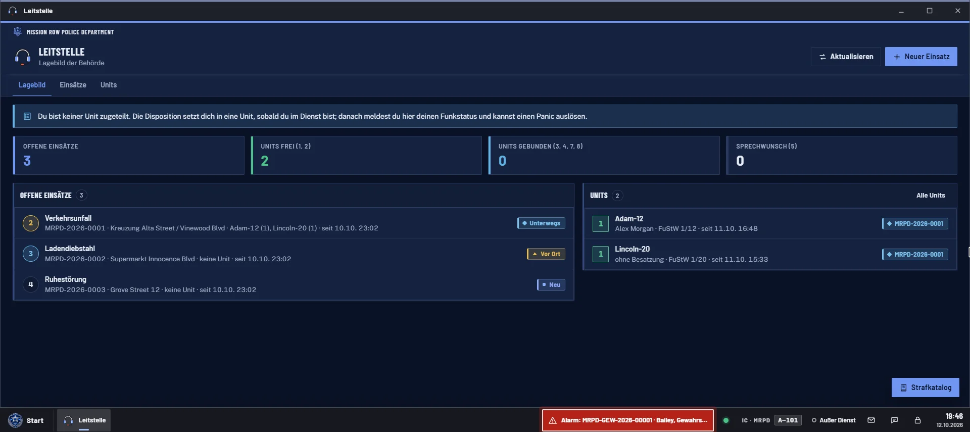 Police dispatch with situation overview and fictional demo data